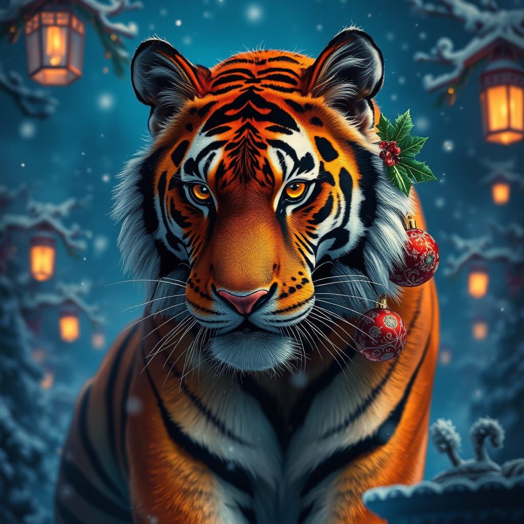 Majestic Tiger in Whimsical Winter Wonderland