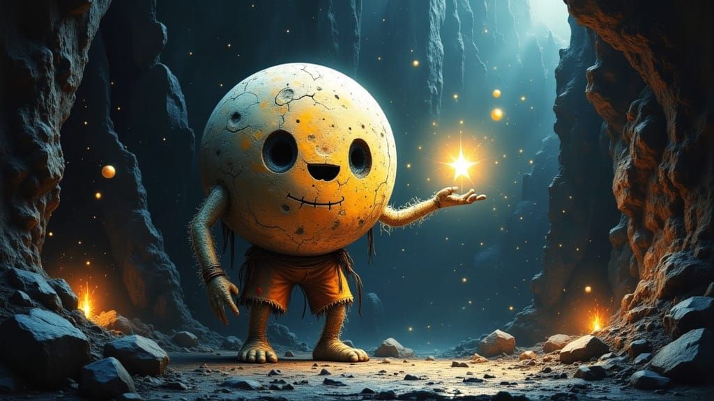 Giant Hairy Moon Man Holds Star in Torchlit Dungeon