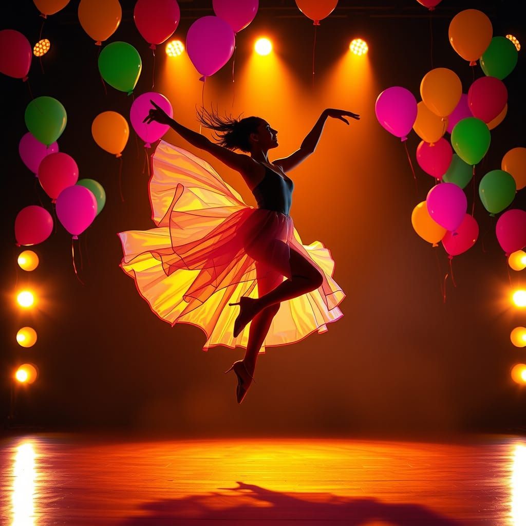 Silhouette Dancer Leaping with Balloons in Ethereal Light