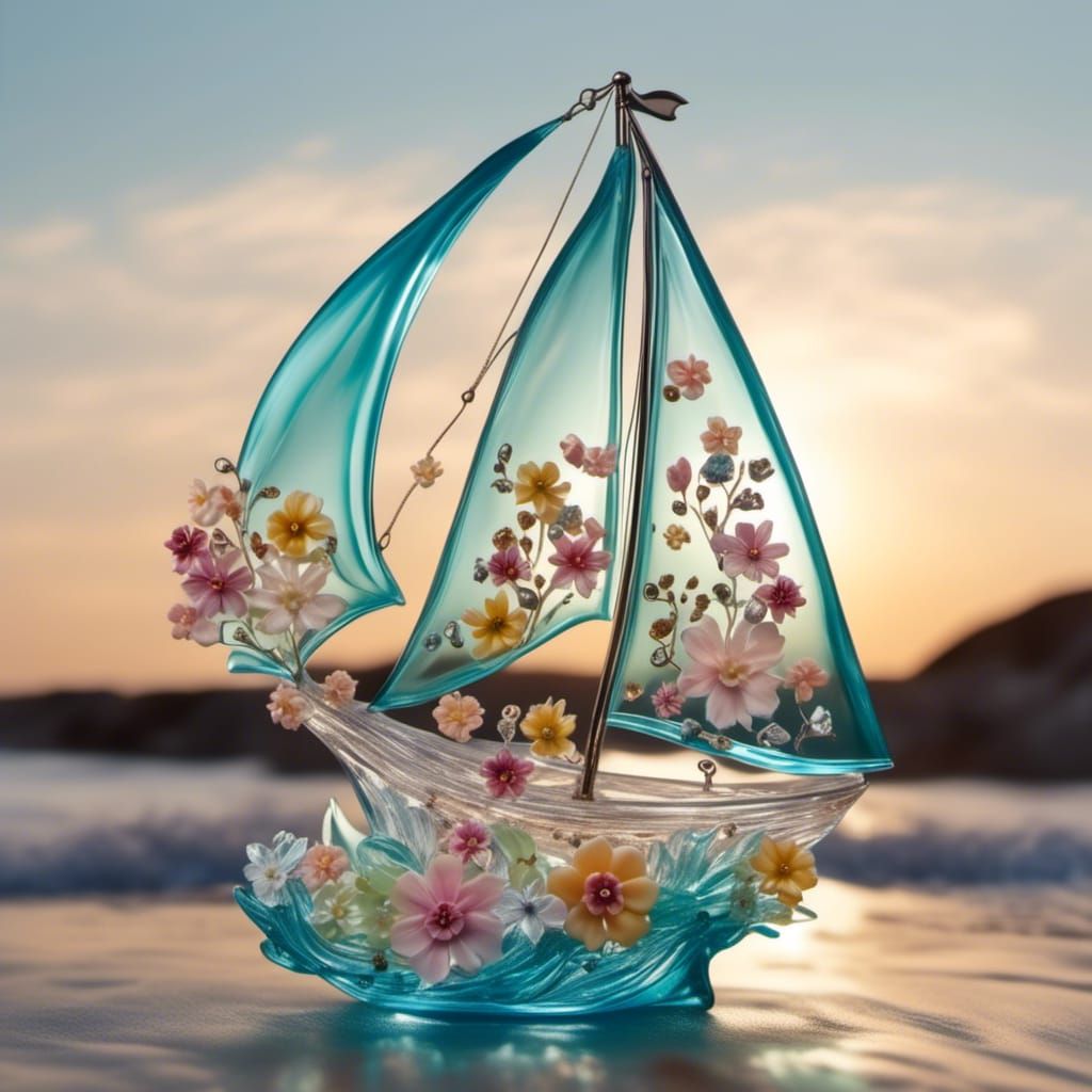 Ethereal Glass Art Piece Depicts Sailboat Sailing on Shimmer...