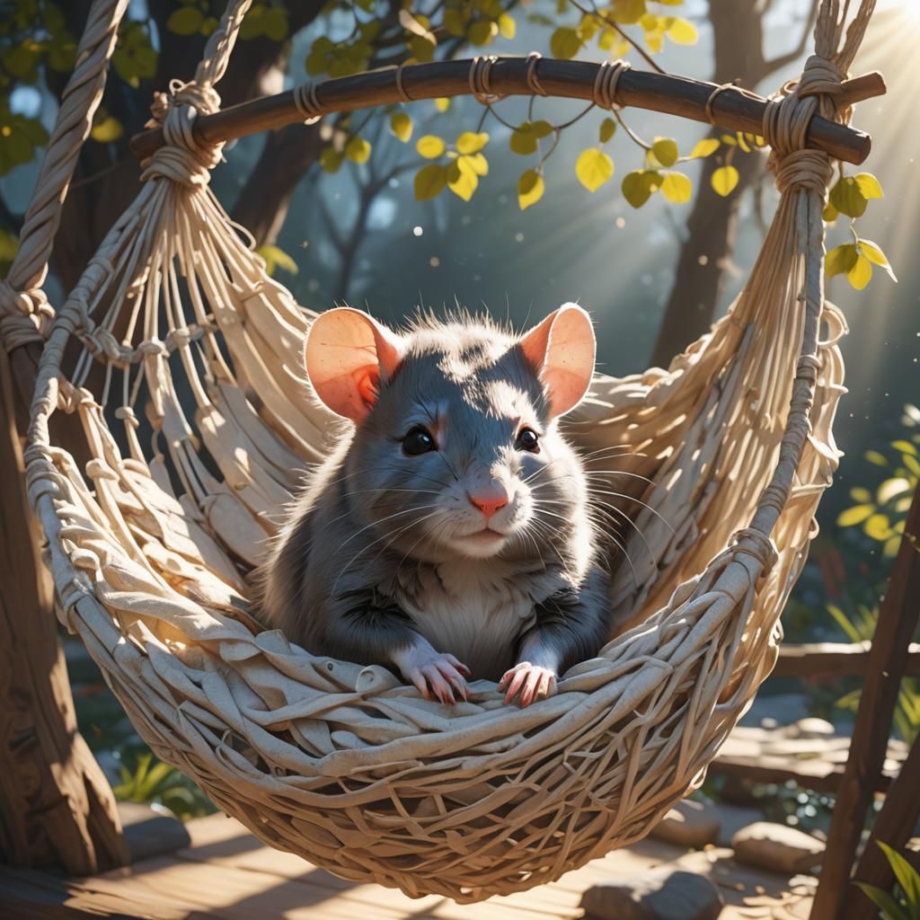 Joyful Pet Rat Enjoys Sunny Hammock Nap in Stunning 3D Anime...