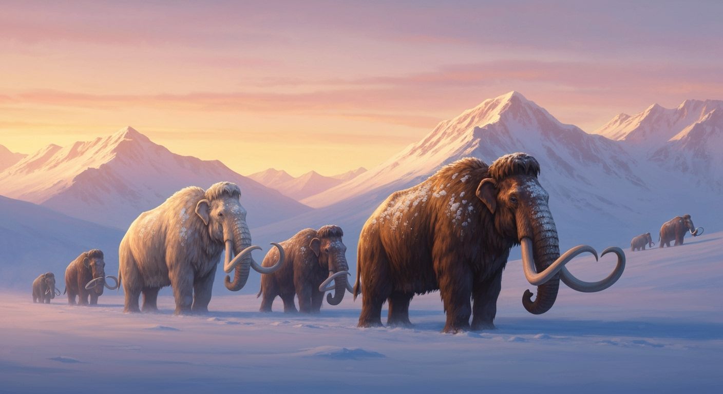 Woolly Mammoths Trekking Through Snowy Mountains at Sunset