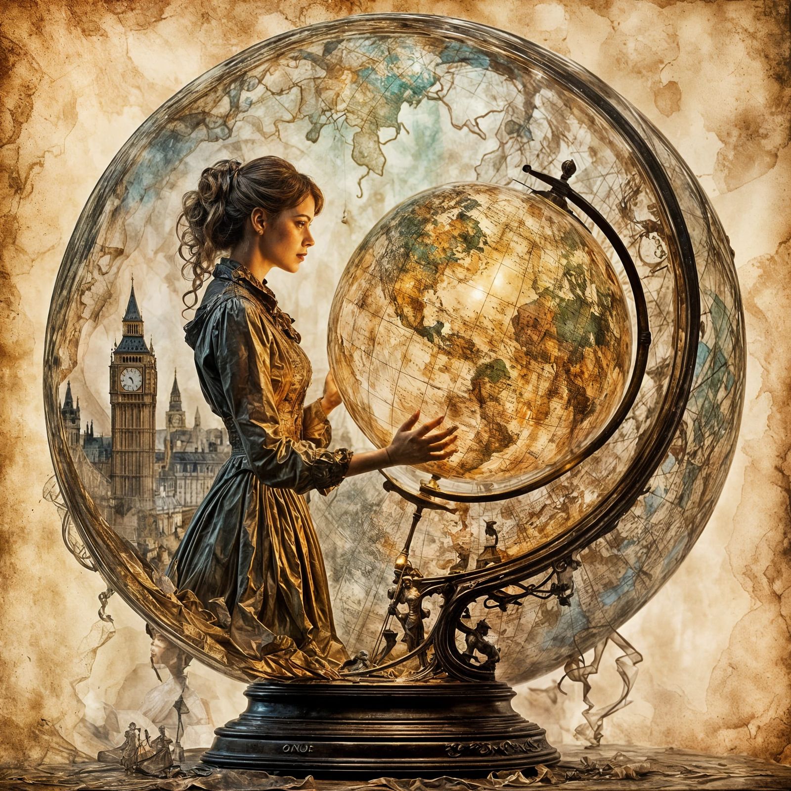 Woman Contemplating Vintage London Street Scene Through Tran...