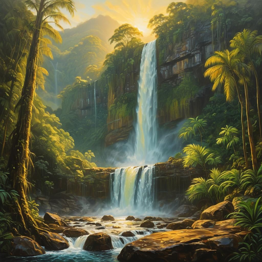Golden Hour Waterfall in Tropical Paradise