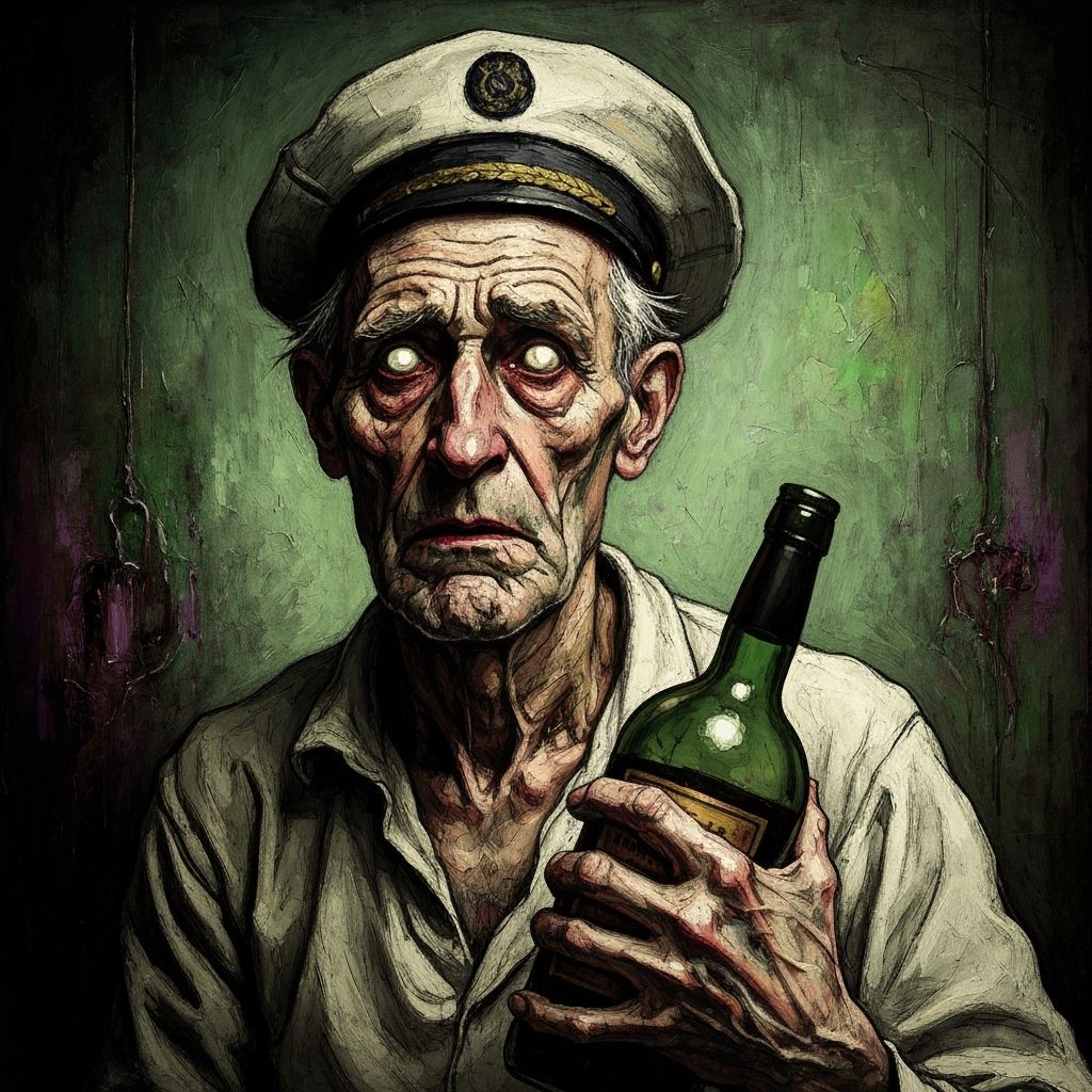 Grizzled Sailor Lost in Despair with Rum Bottle