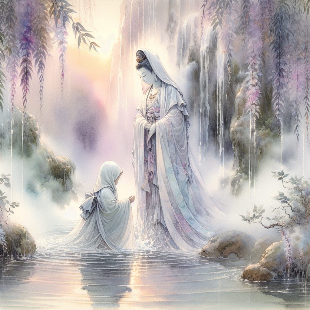 Ukiyo-e Inspired Quan Yin Baptizes a Child in Tranquil Water...