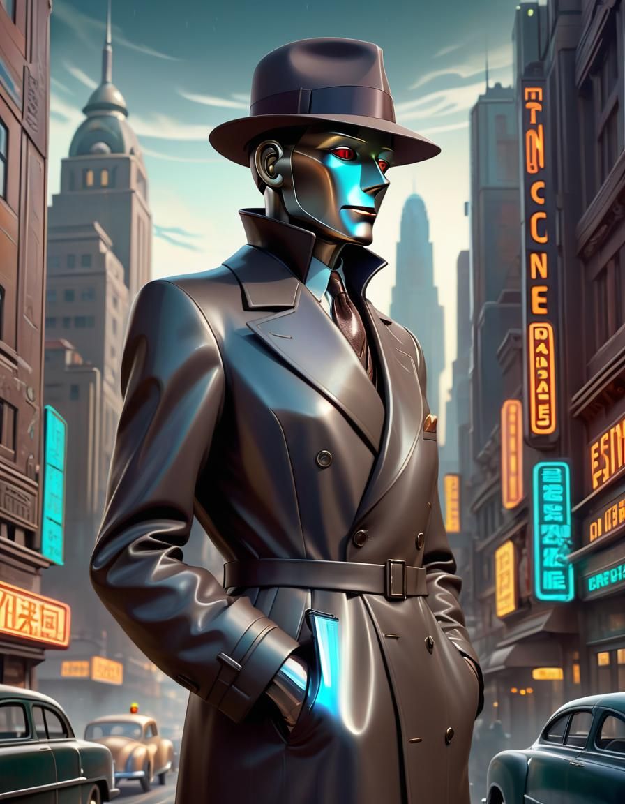 Retro Futuristic Detective in Dark Metallic Holographic Coat