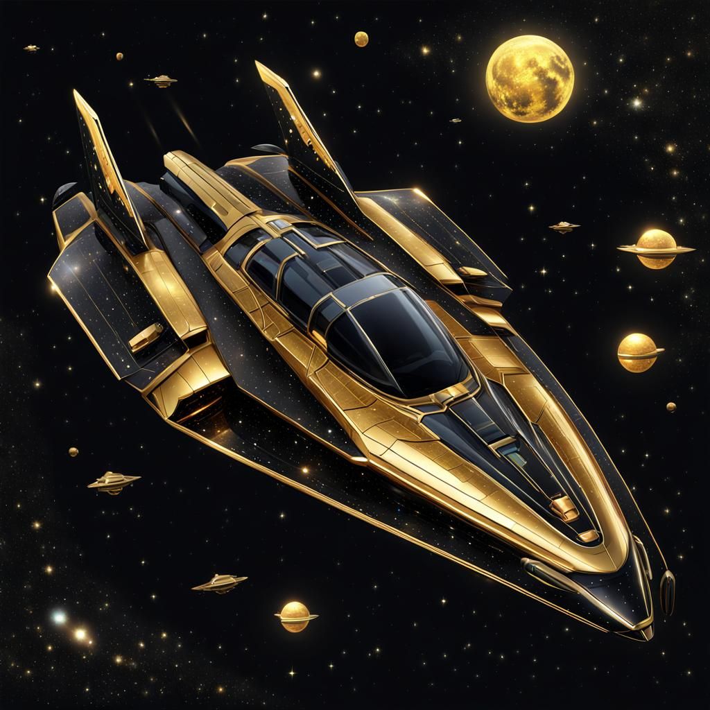 Retrofuturistic Spaceship Radiates Golden Hour in Dark Cosmi...