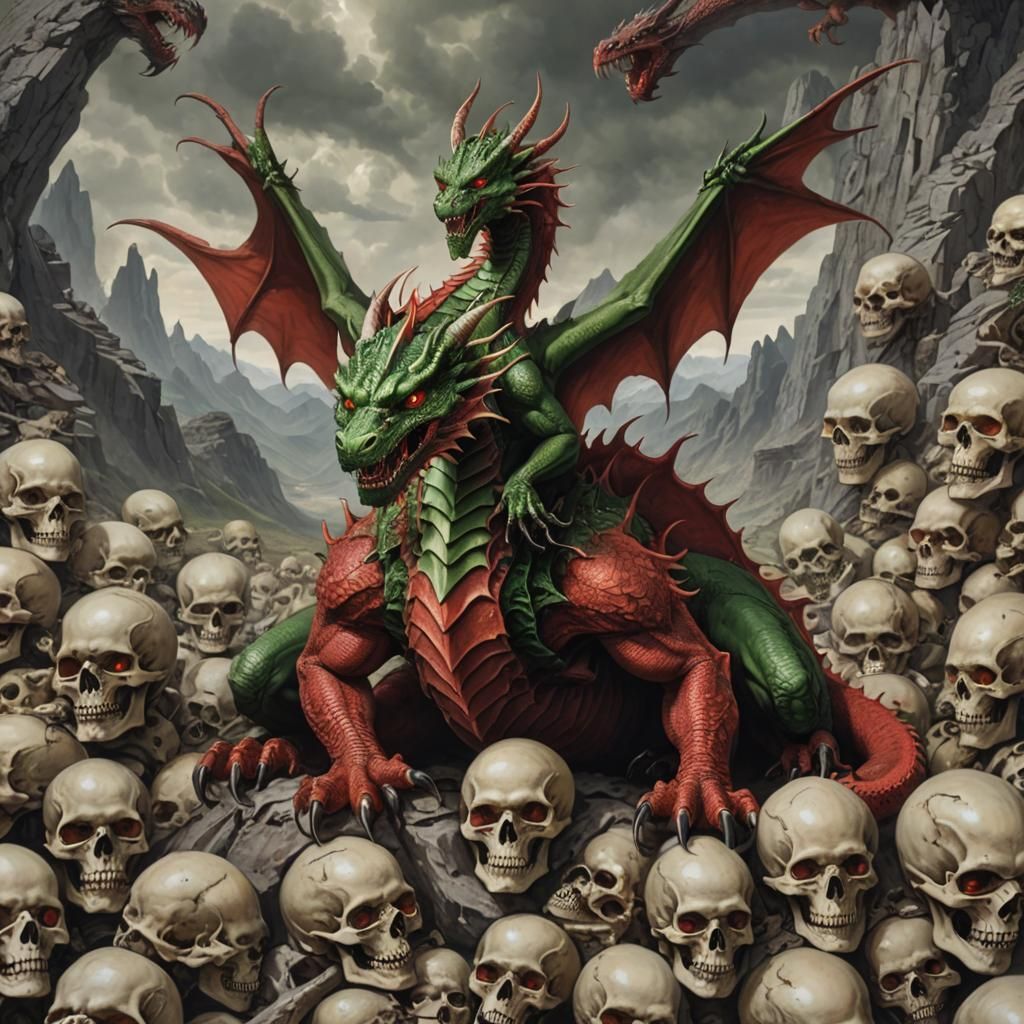 Fiery Dragon Reigns Over a Mountain of Skulls in Dark Fantas...