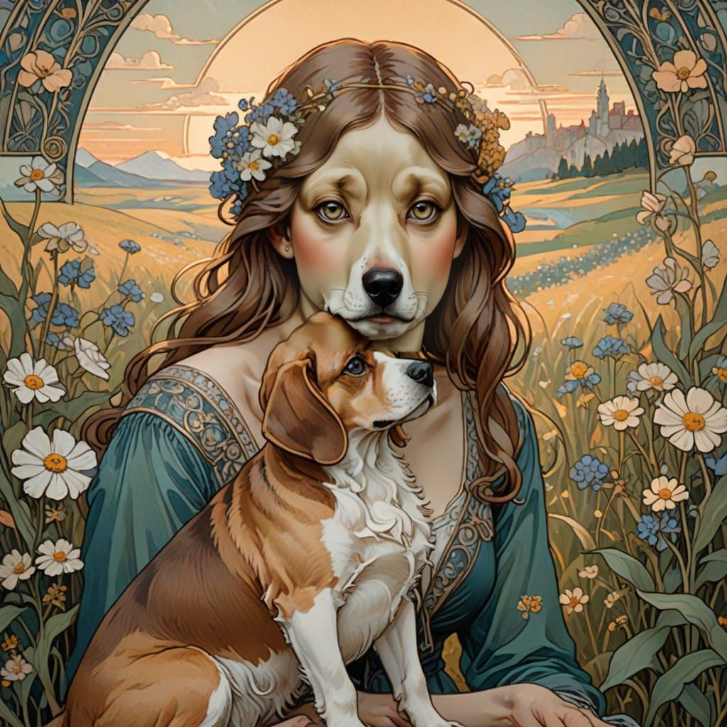 Melancholic Woman with Beagle in Art Nouveau Style