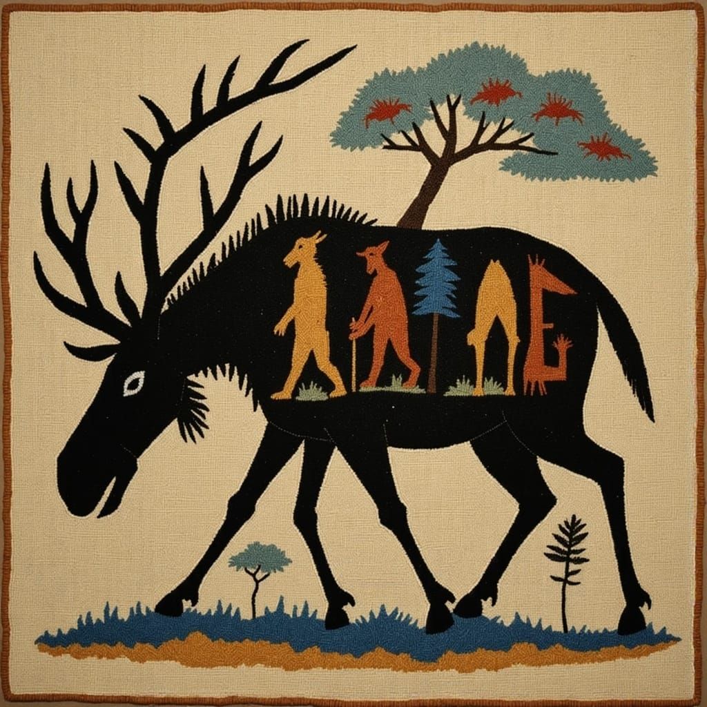 Ancient Mating Moose Silhouette in Stone Age Style