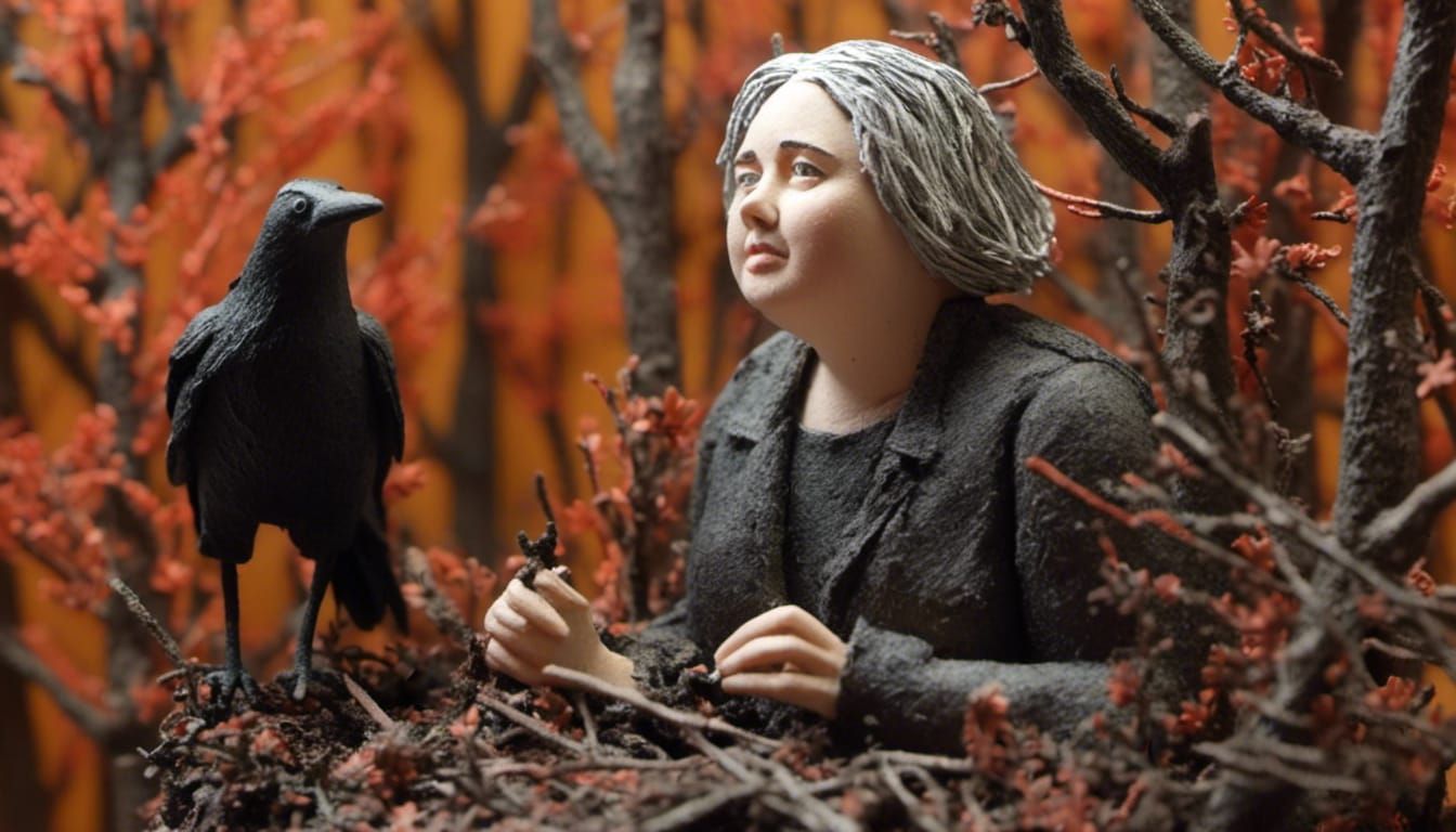 A Woman Serenades a Raven in an Autumnal Landscape