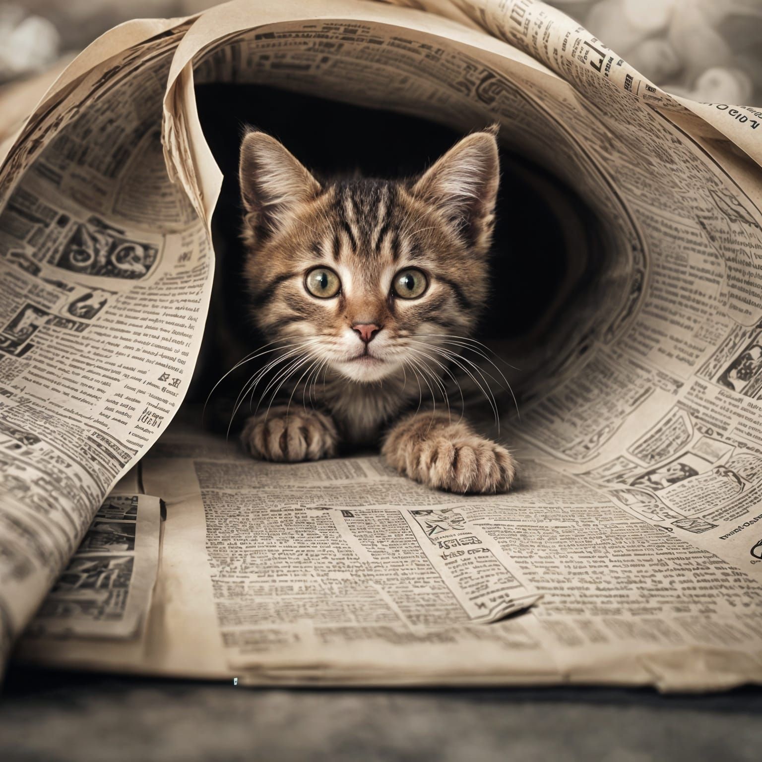 Curious Kitten Peeking From Rolled Newspaper