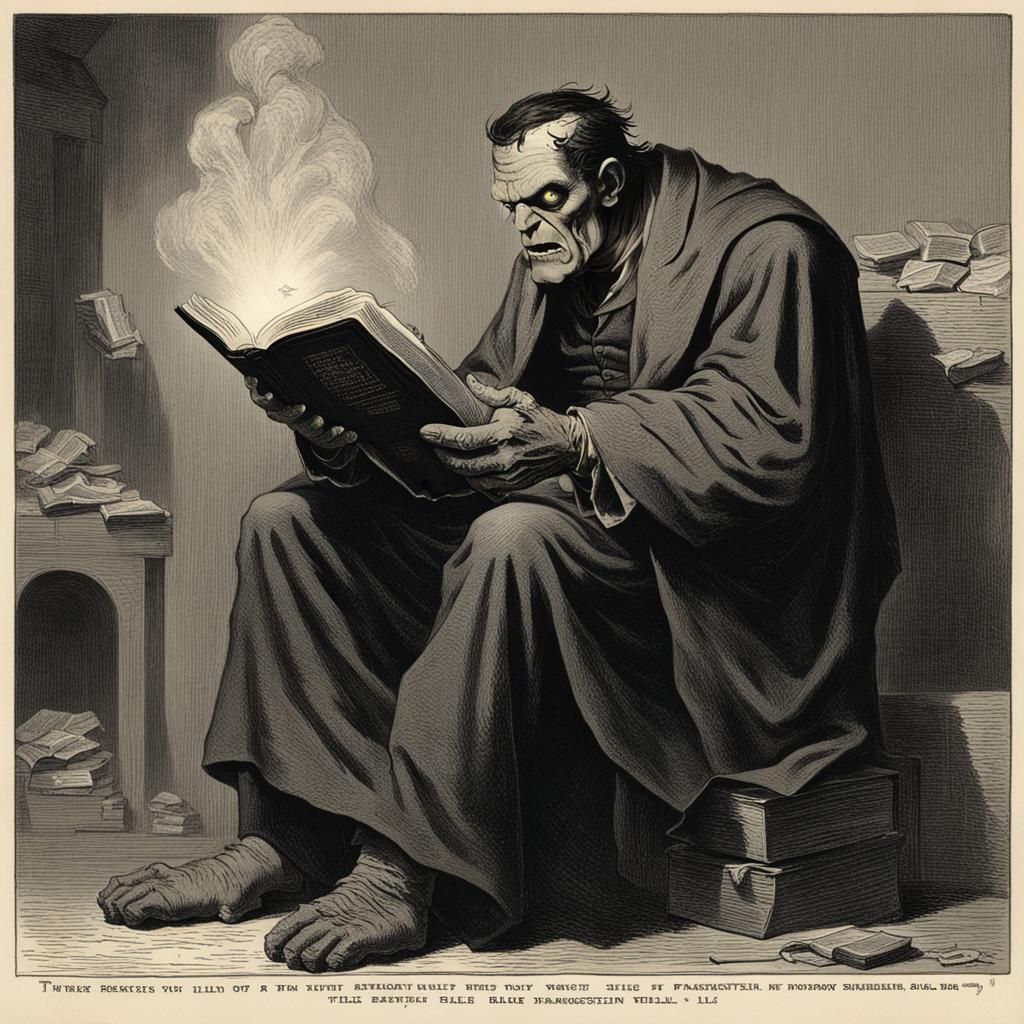 Angry Frankenstein Reads Bible in Horror