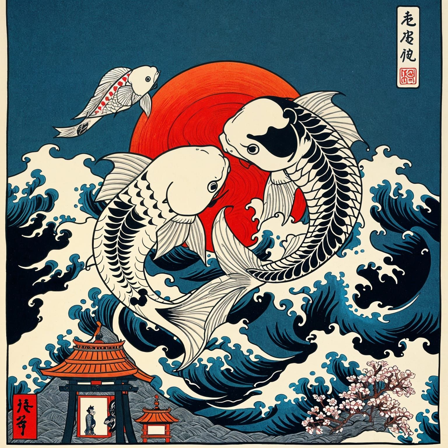 Expressive Koi Fish Scene in Traditional Ukiyo-e Style