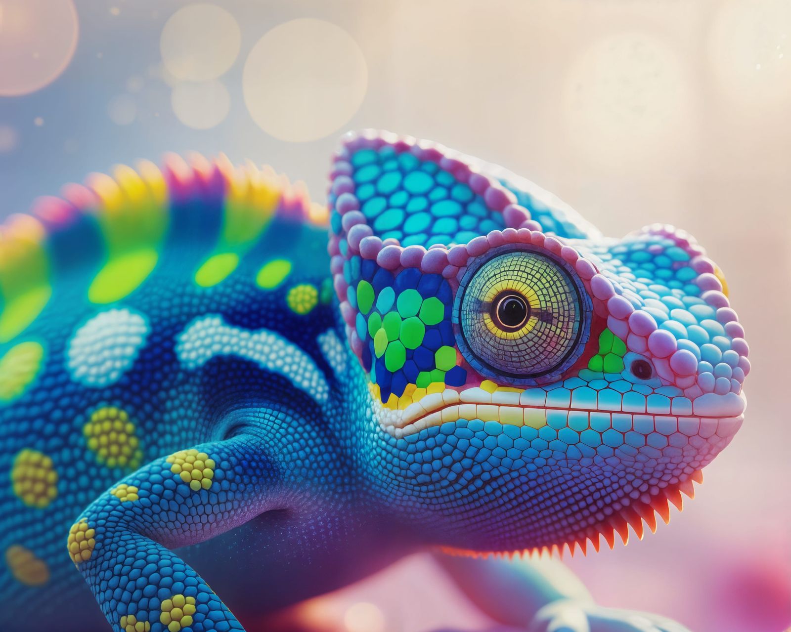Holographic Chameleon Close-up in Mixed Media Style