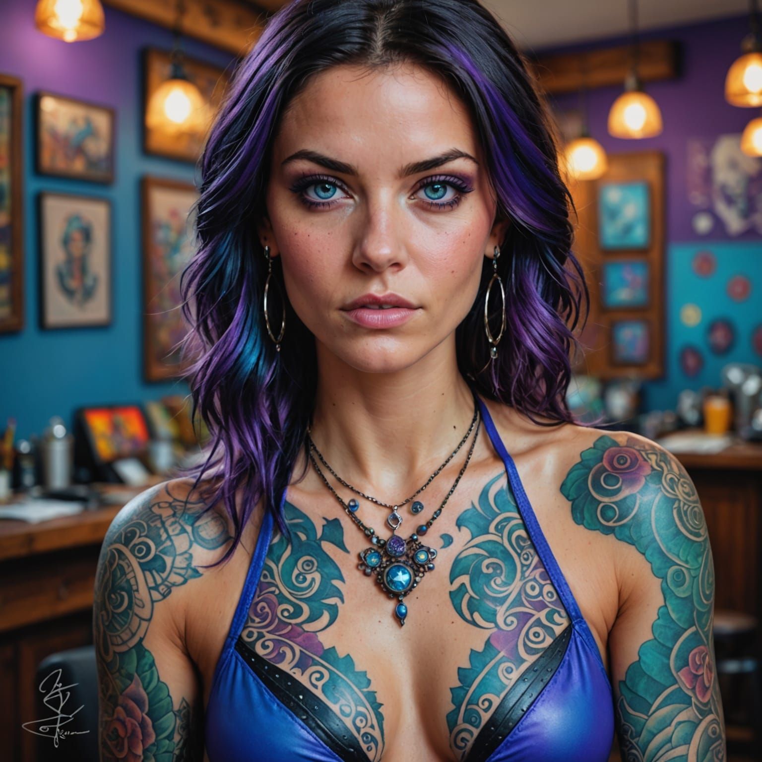 Vibrant Tattooed Beauty in Blue Bikini