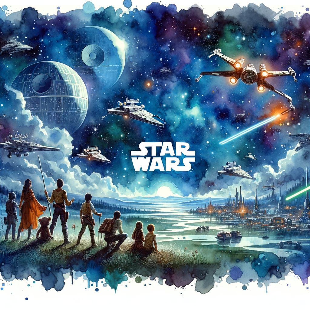 Star Wars Watercolour Movie Poster with Futuristic Vehicles