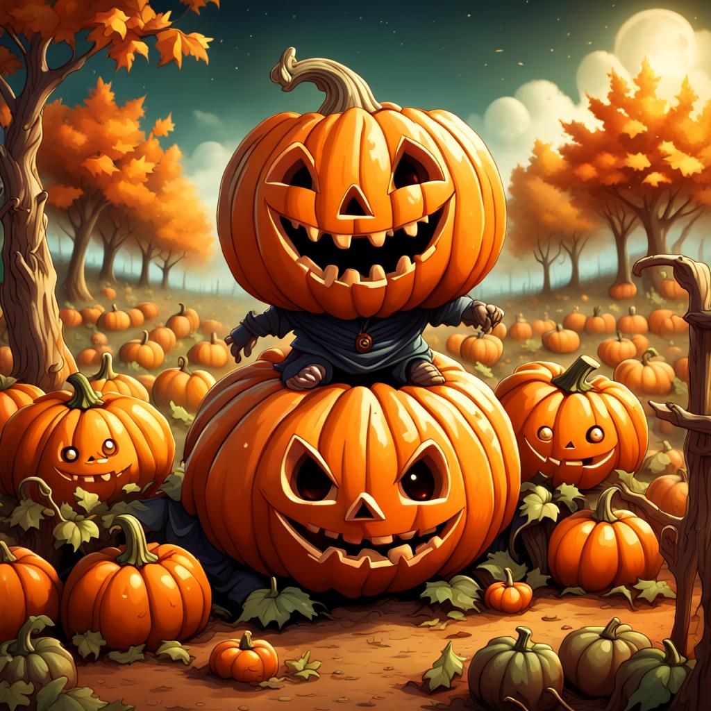 Chibi Pumpkin Trick-or-Treat in a Vibrant Harvest Landscape