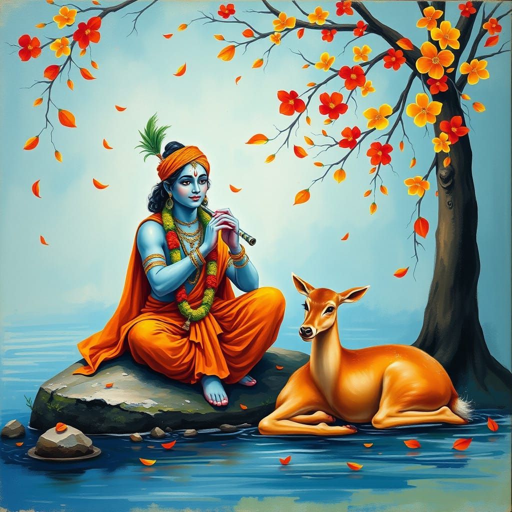 Serenity on the Riverbank: Vibrant Lord Krishna Plays Flute