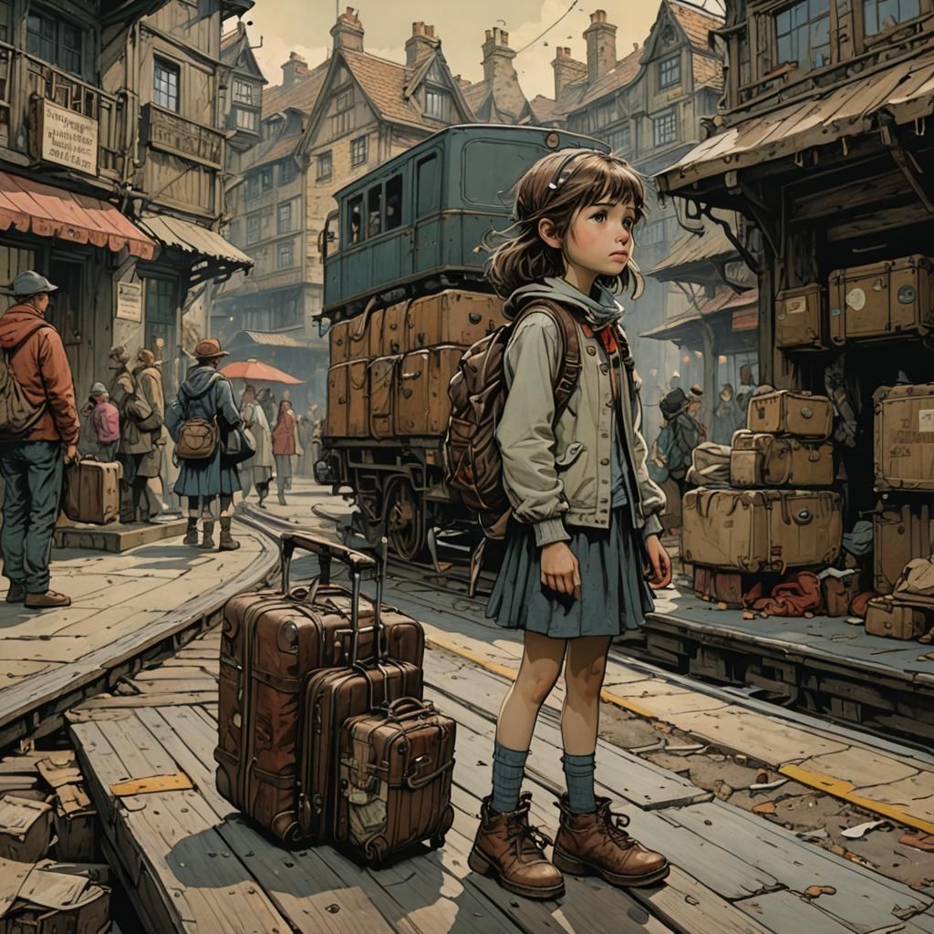 A Young Girl Awaits Her Parents in Hyperrealistic Splash Art