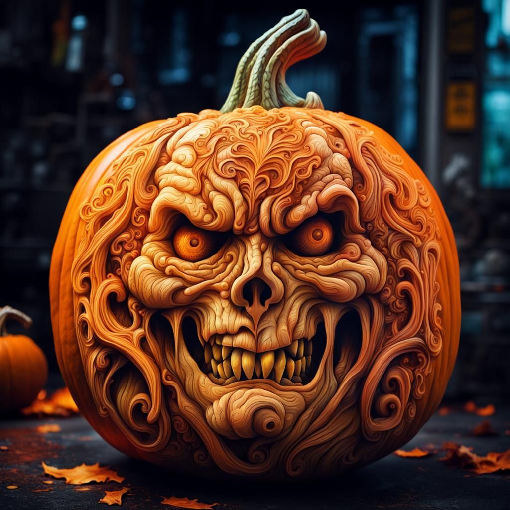 Ethereal Pumpkin Carvings in Vibrant, High-Contrast Color