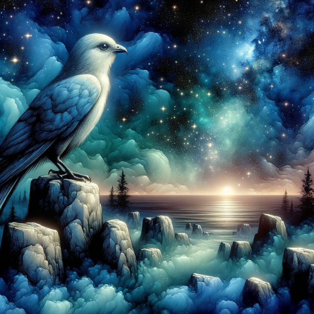 Surreal Bird in Sapphire Night Sky, Romantic Era-Inspired