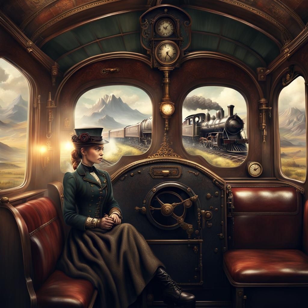 Steam Punk Goddess Rides Majestic Steam Train in Cyberpunk D...