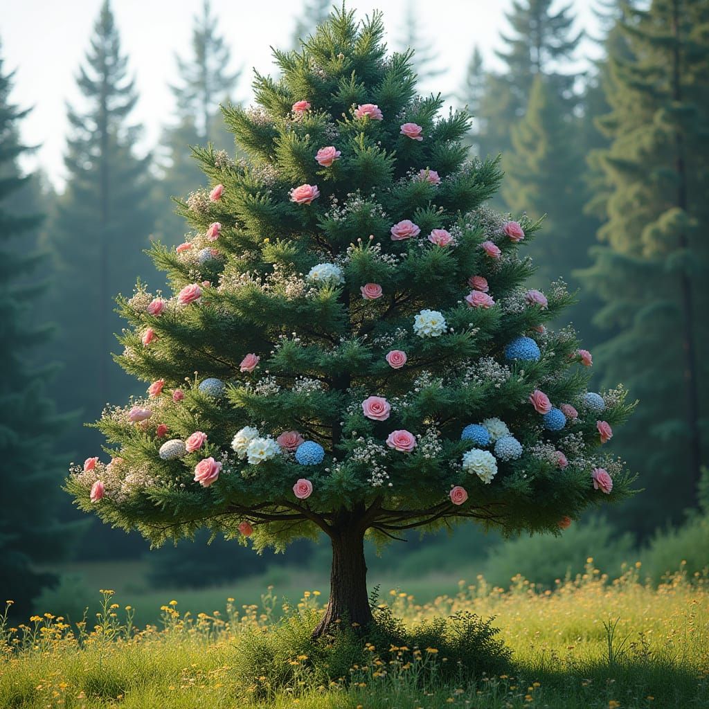 Floral Spruce Tree in a Lush Forest