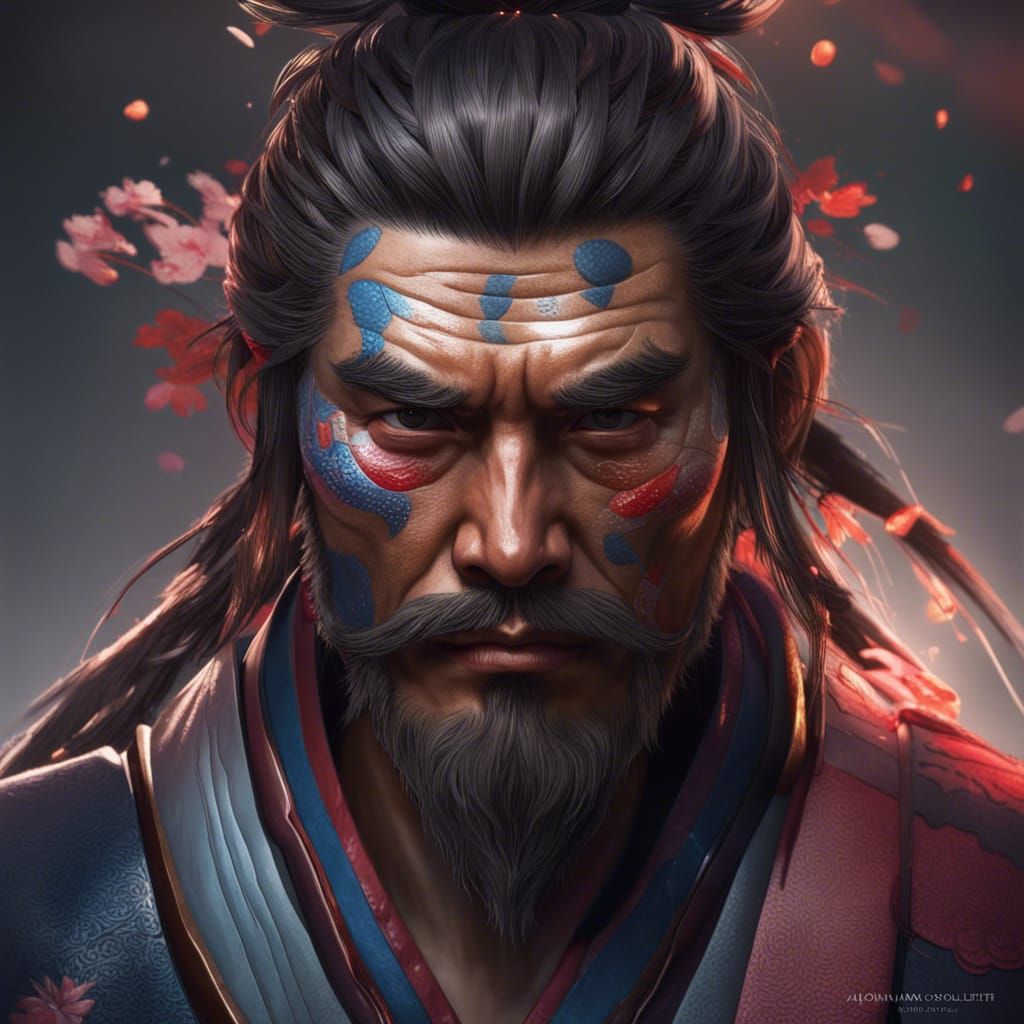Dynamic Samurai Portrait in Triadic Colors