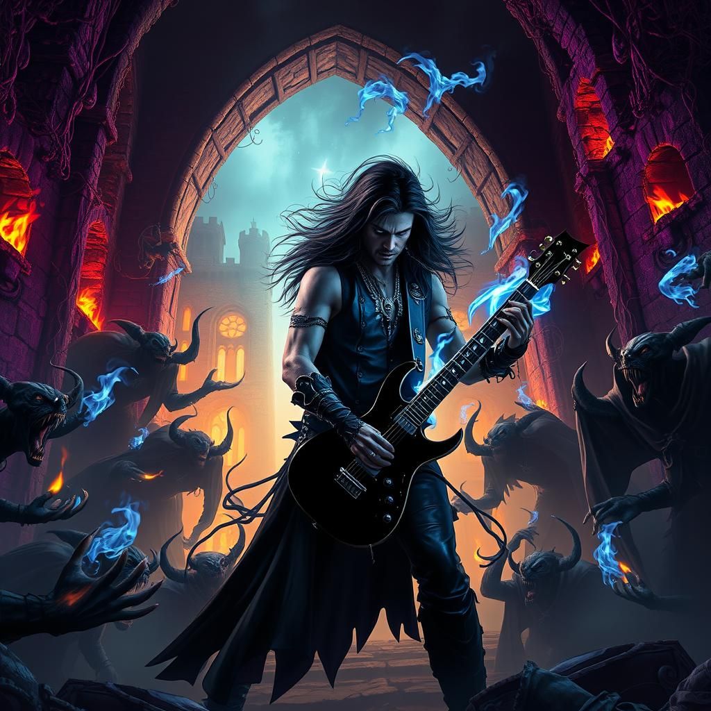 Dark Fantasy Warrior Battles Vampires in Ruined Castle