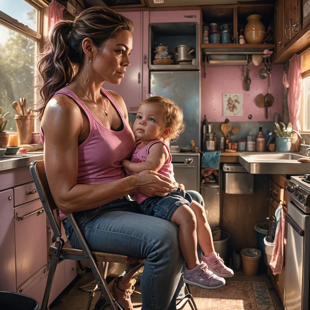 Moody Fantasy Art of Mother and Child in Whimsical Trailer K...