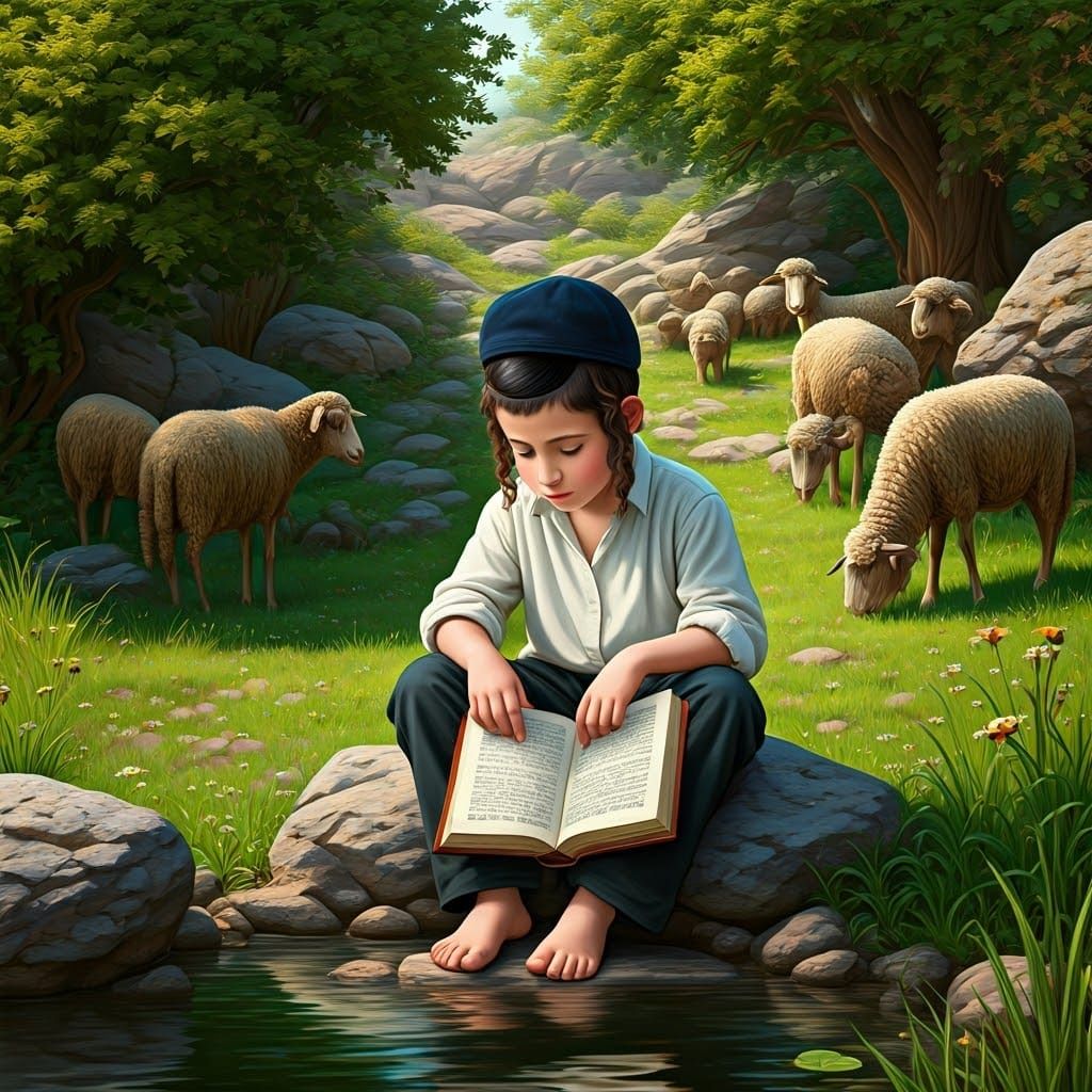 A Young Jewish Boy Studies in a Serene Spring Landscape