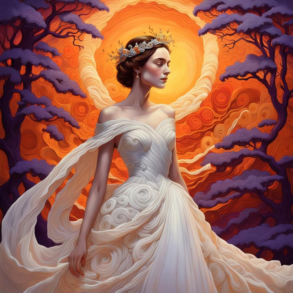 Elegant Woman in Snow White Gown, 3D Digital Art of Sunset G...