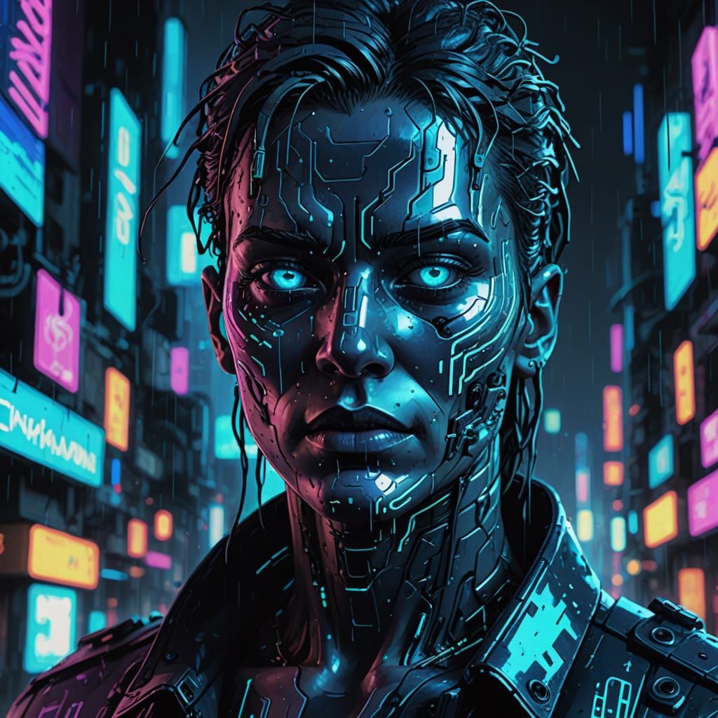 Glitched Cyborg Face in Cyberpunk Concept Art