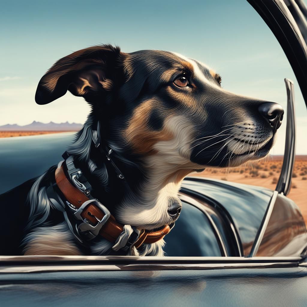 Dog Leans Out of Route 66 Car Window as Sun Sets
