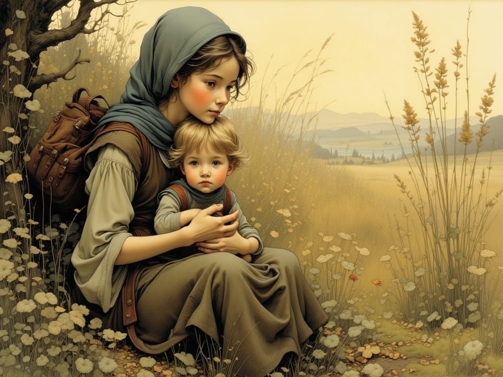 Grandmother Comforts Child in Ethereal Fantasy Landscape