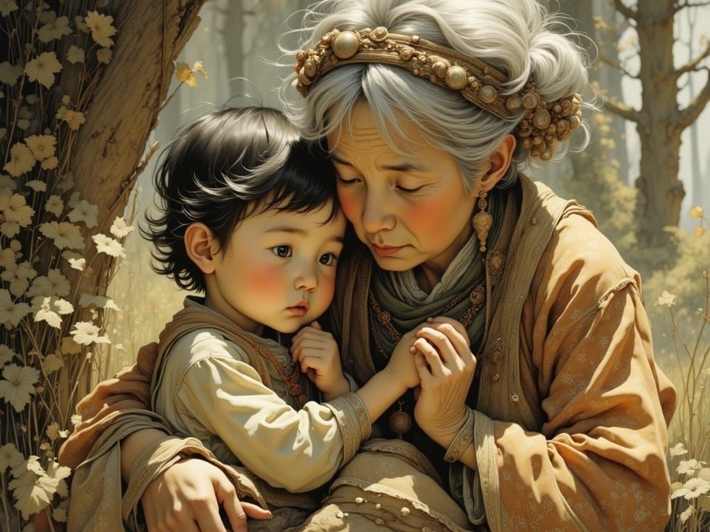 Grandmother Comforts Grandchild in Ethereal Light