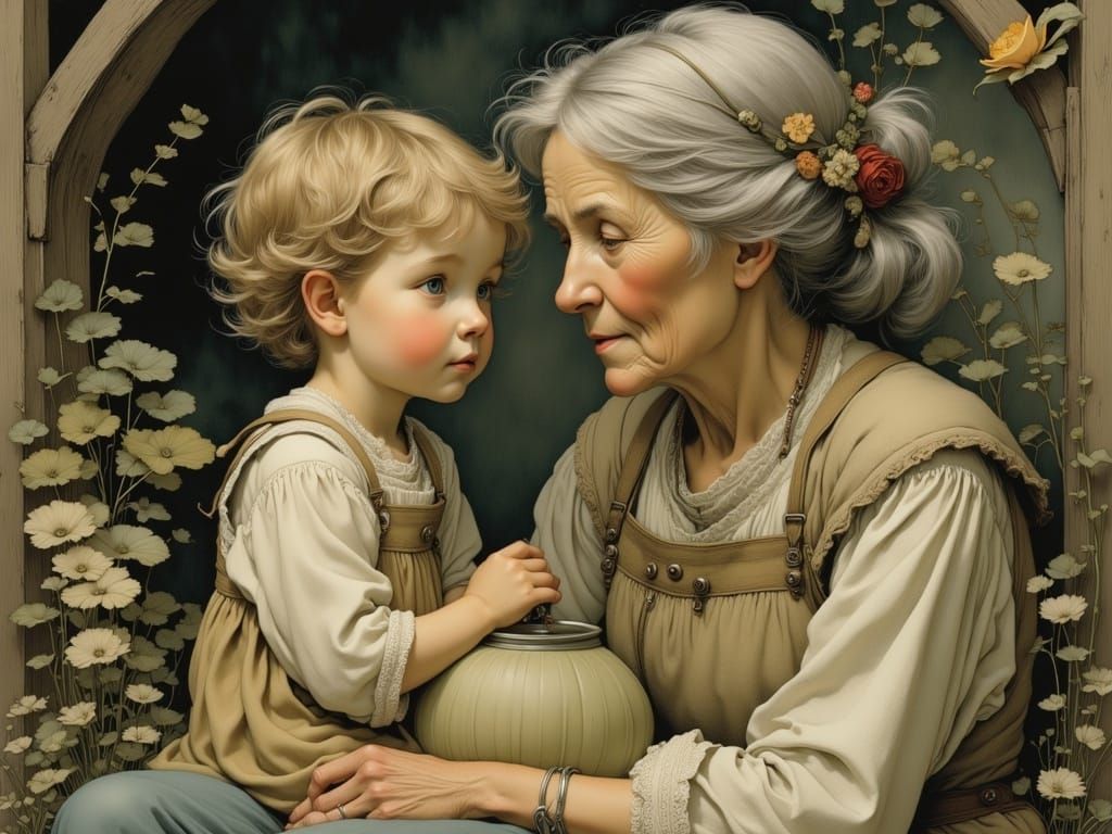 Tender Grandmother Comforts Adorable Toddler in Whimsical Se...