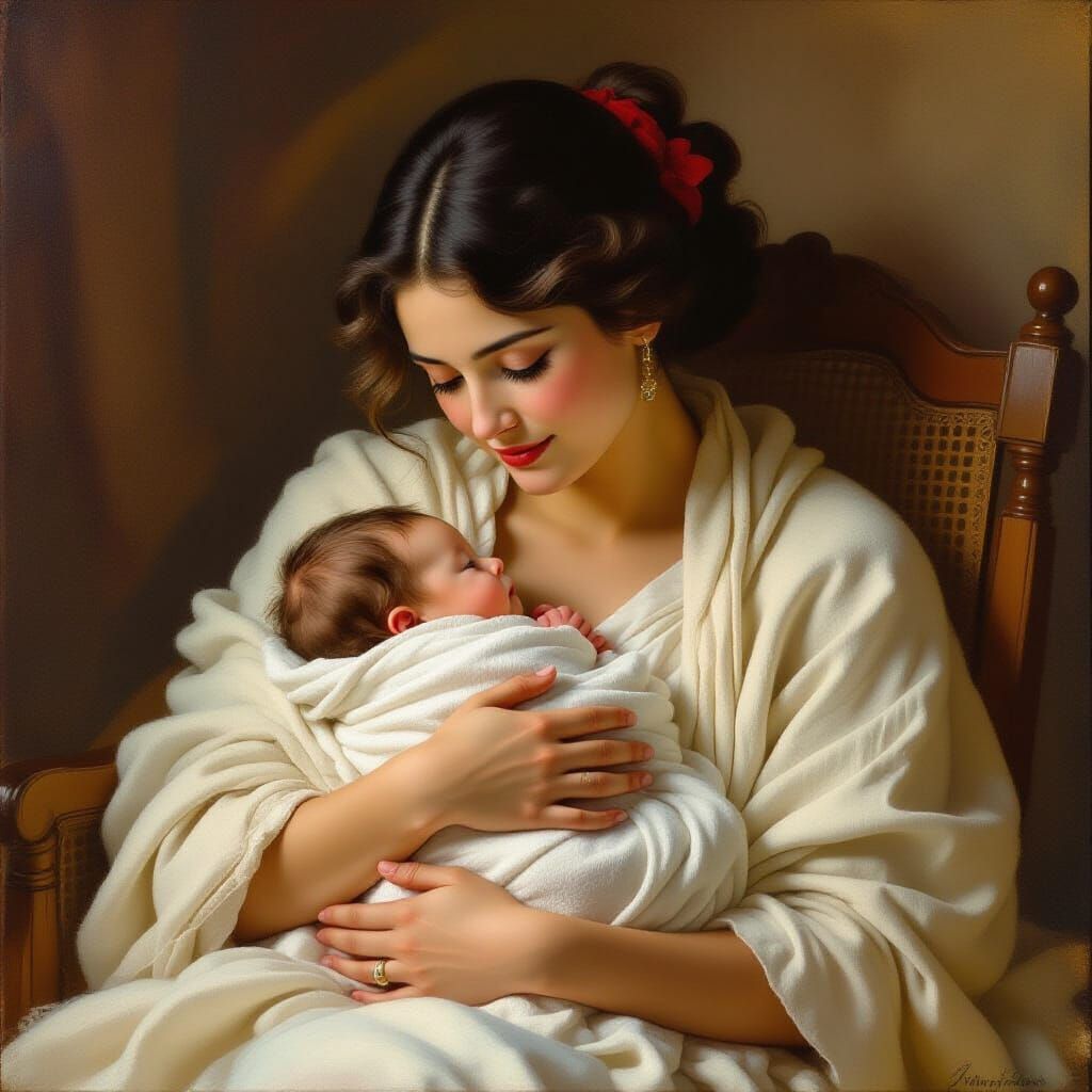 Woman Cradling Infant in Tender Artistic Style