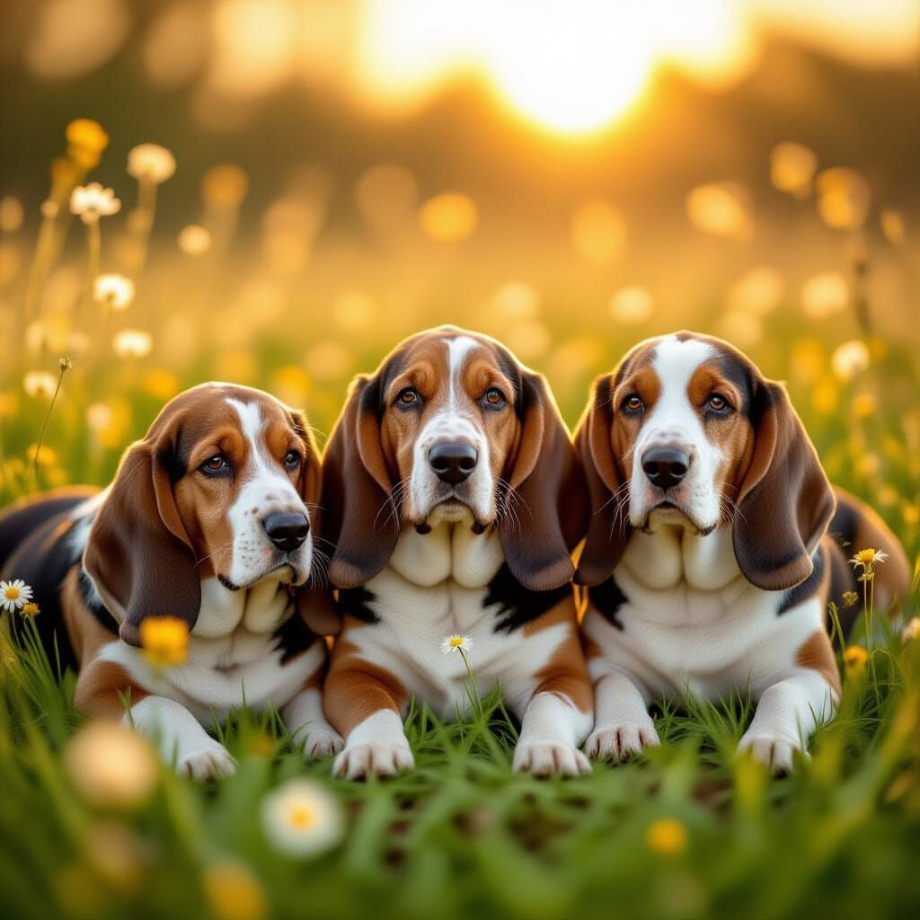 Heartwarming Basset Hounds in Sunny Meadow: Ultra-Realistic ...