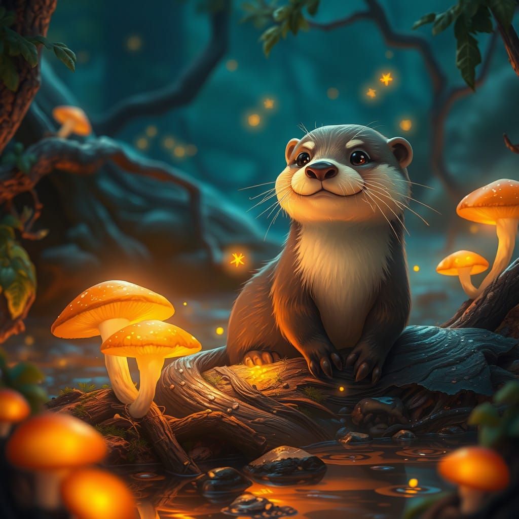 Whimsical Otter in Enchanted Riverbank Scene