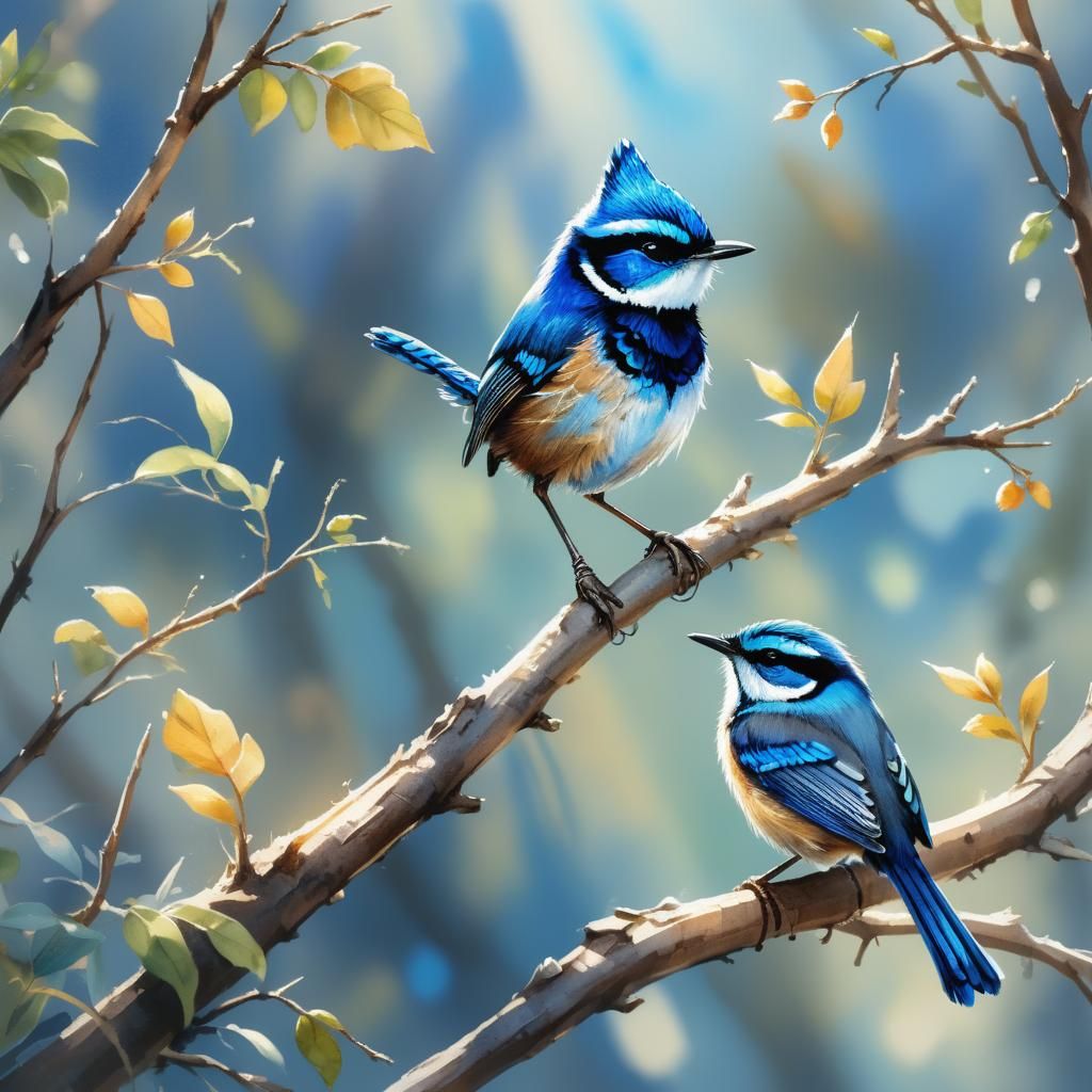 Whimsical Blue Wren in Vivid Sunlight as Detailed Fantasy Ar...