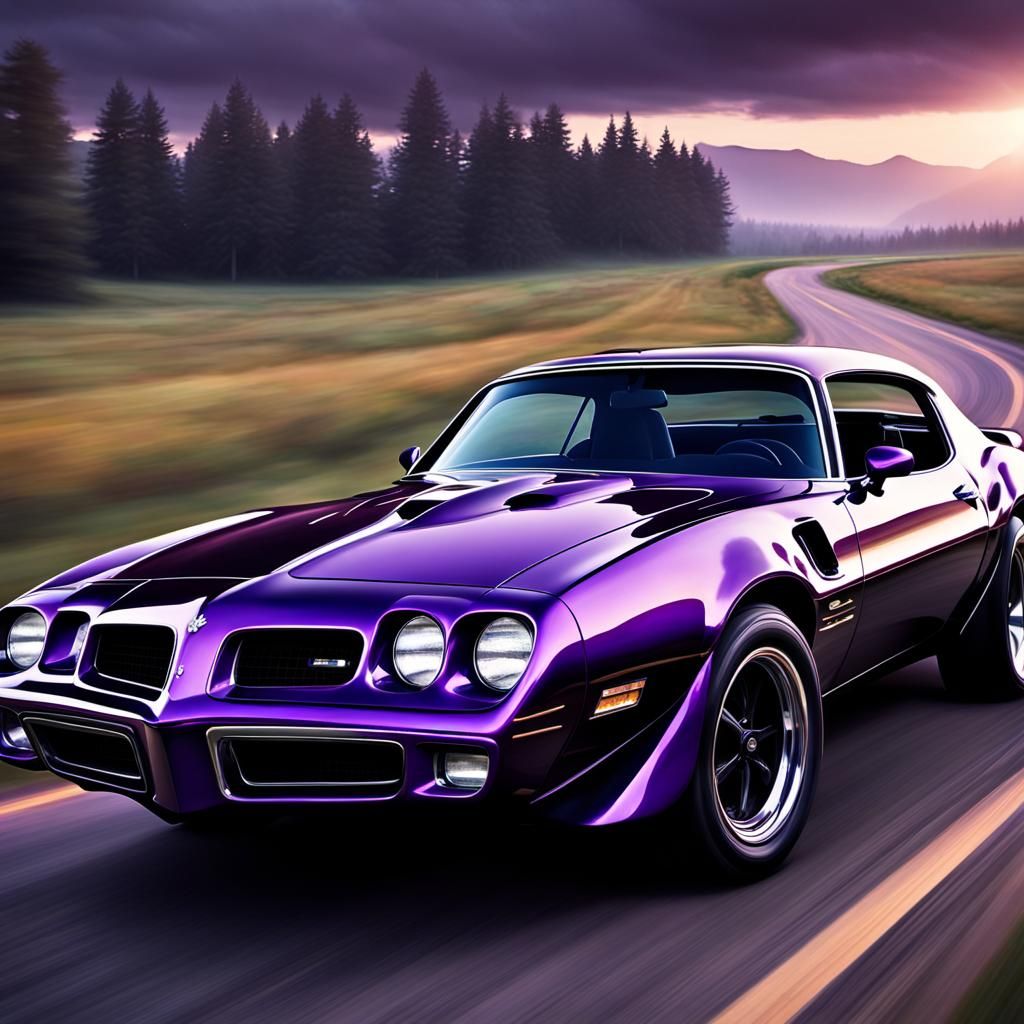 A close-up of a 1977 Pontiac Firebird's sleek curves and shiny details. Dark purple. Driving through the country at max ...