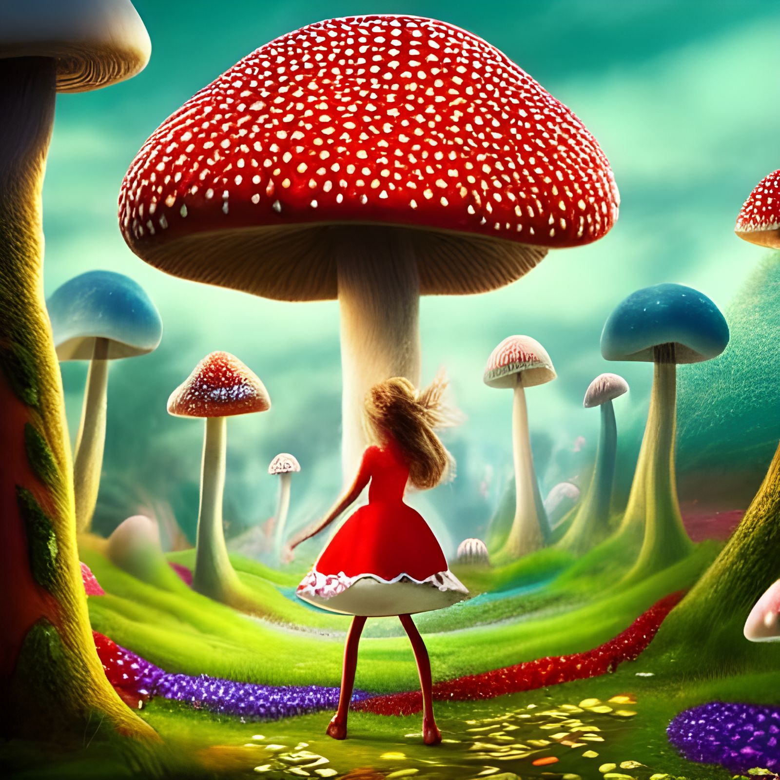 Vibrant Fly Agaric City with Mushroom People