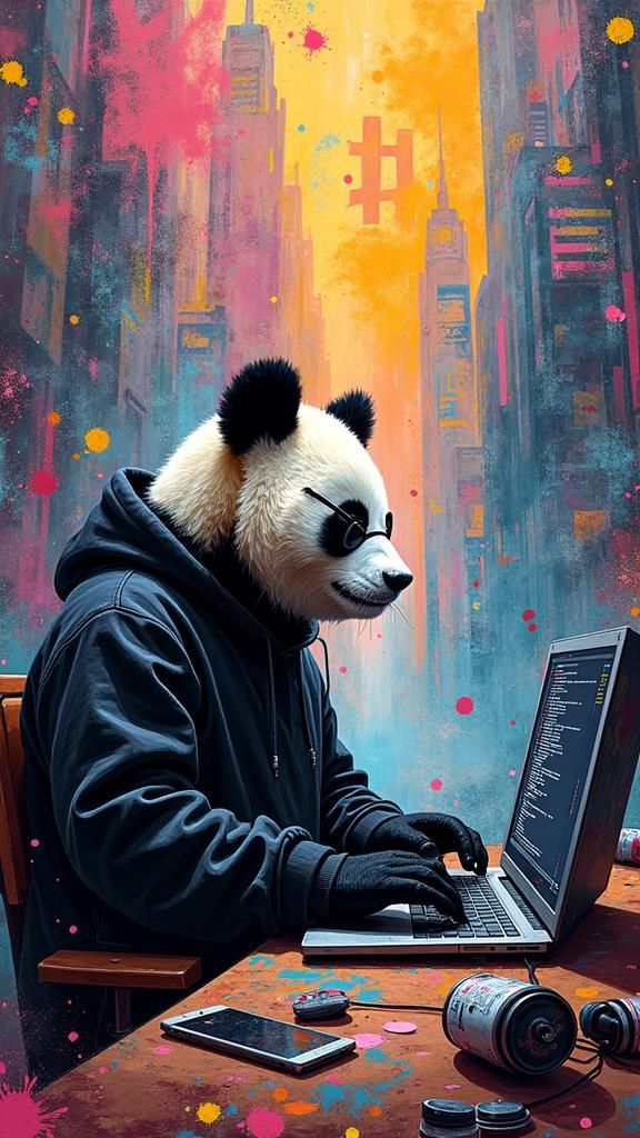 Surreal Cityscape Fuses Blockchain Tech with Panda Hacker