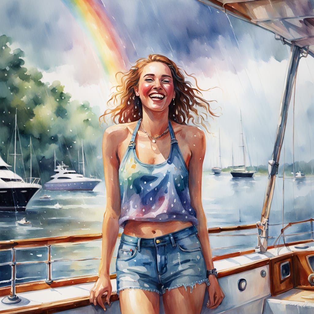 Woman Laughing in Summer Rain: Watercolor Impression