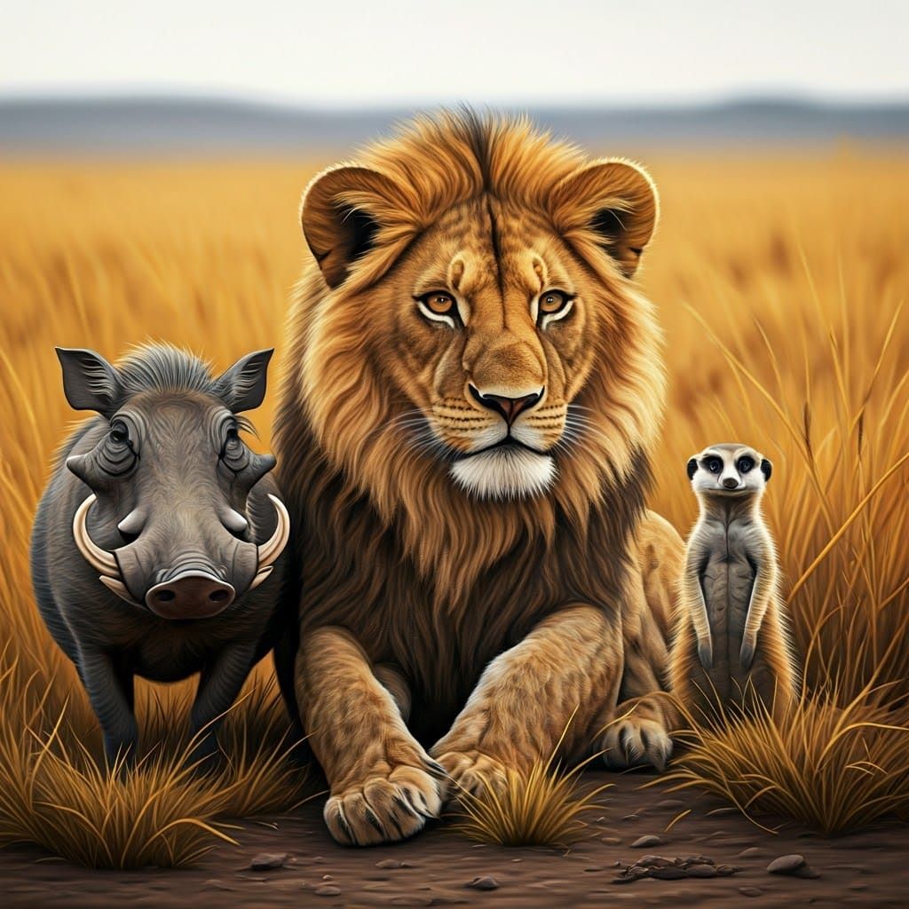 Realistic Wildlife Scene of Lion, Warthog, and Meerkat in th...