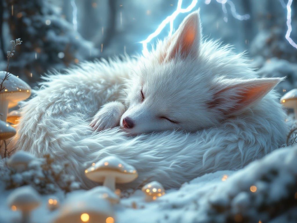 Mythical Fox Dragon in Opalescent Stormy Forest