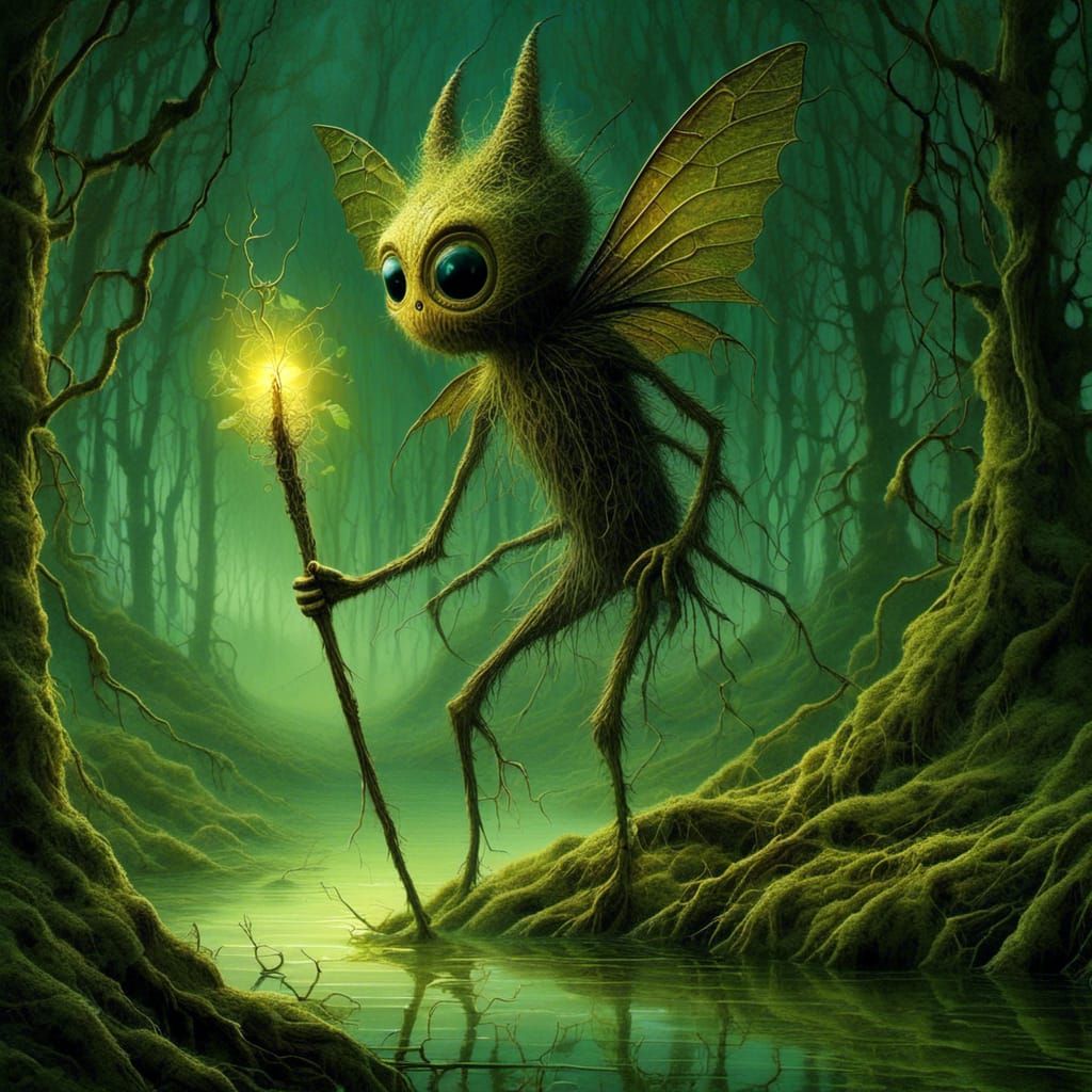 Surreal Fantasy Creature Holds Mysterious Staff in Ancient S...